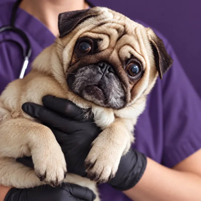 Pug no colo da veterinária